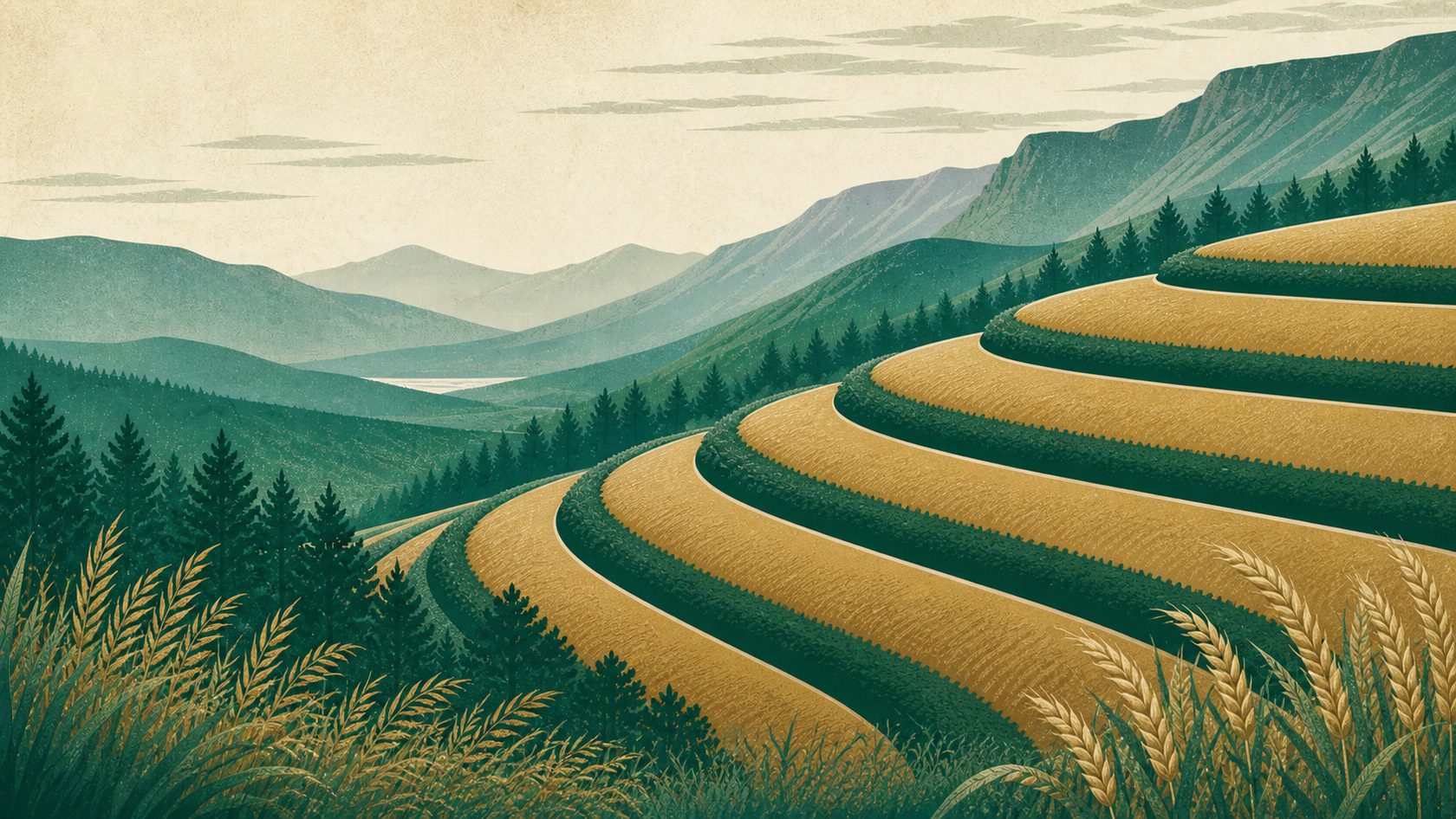 Illustrated Eldama Ravine highlands with forests, wheat and terraced farms