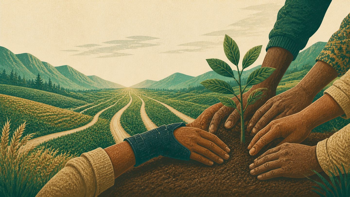 Illustration of community hands planting a young tree beside six paths through highland farms