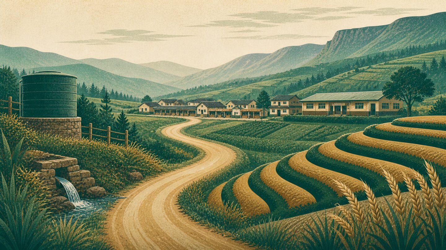 Illustration of farms, a rural road, water services and a school in the Eldama Ravine highlands