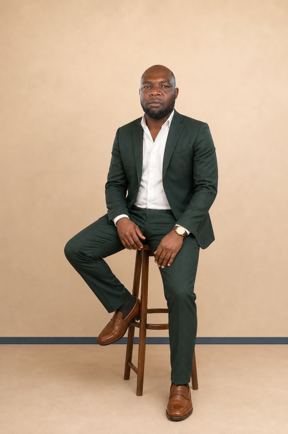 Gerald Tengekyon seated in a forest-green suit